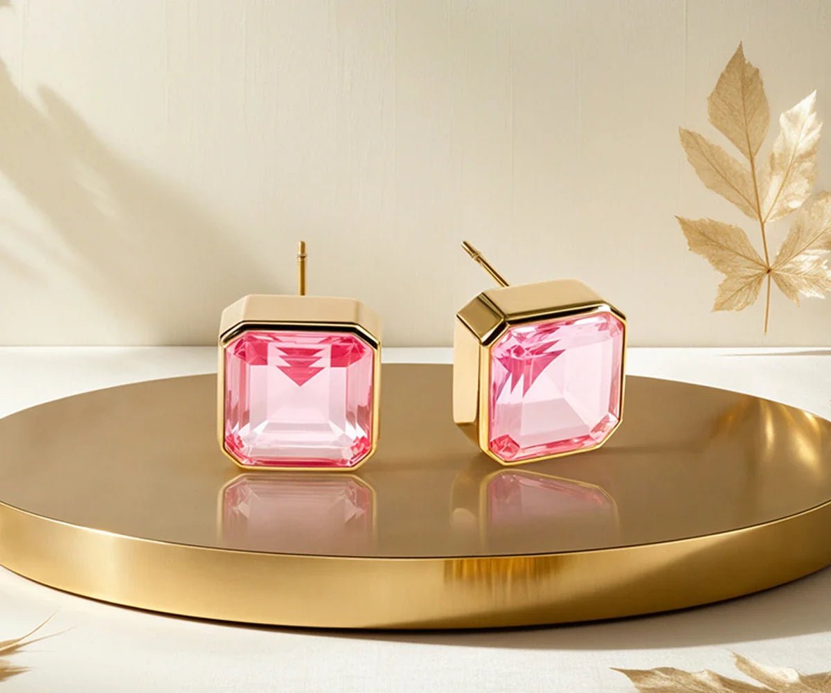 All Cotton and Linen Pink Tourmaline Stud Earrings | 18K Gold - Plated Asscher - Cut Bliss Stone