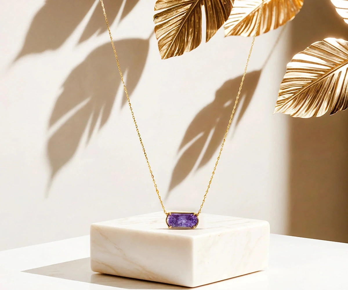 All Cotton and Linen Purple Charoite Stone Pendant Necklace – 18K Gold - Plated
