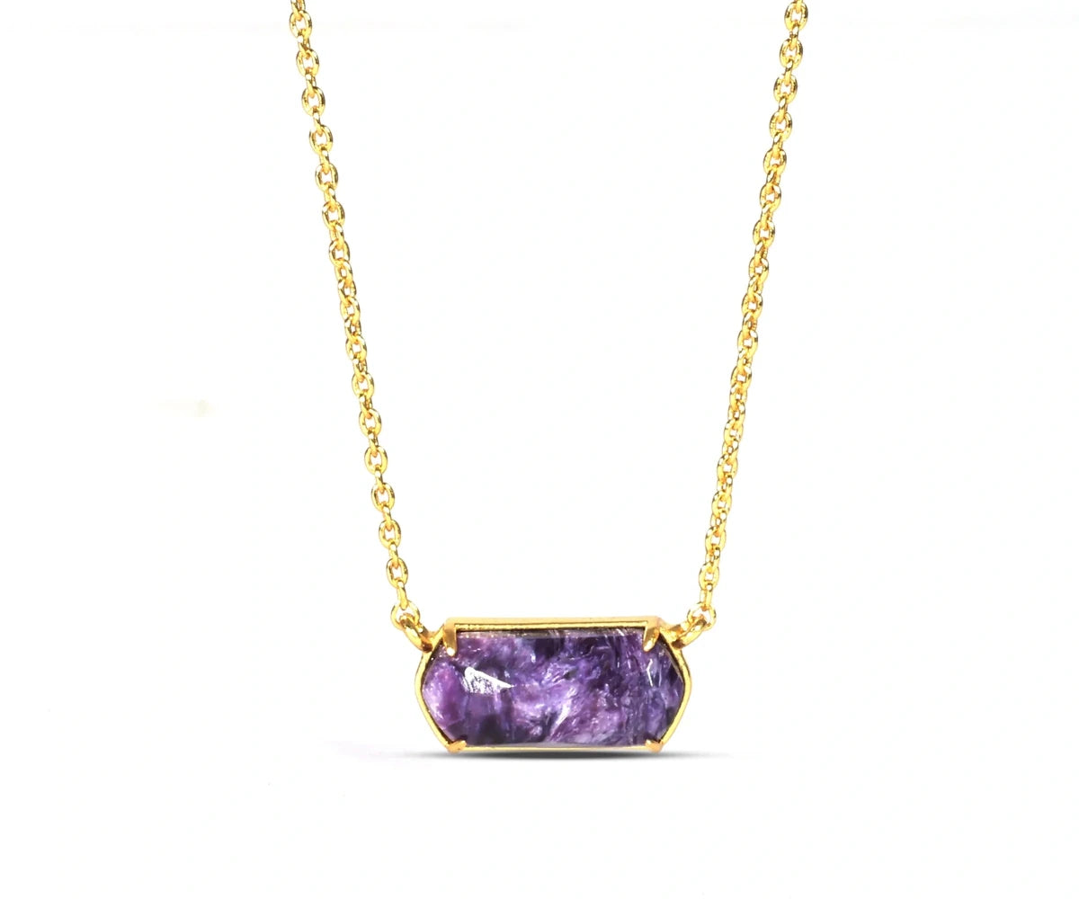 All Cotton and Linen Purple Charoite Stone Pendant Necklace – 18K Gold - Plated