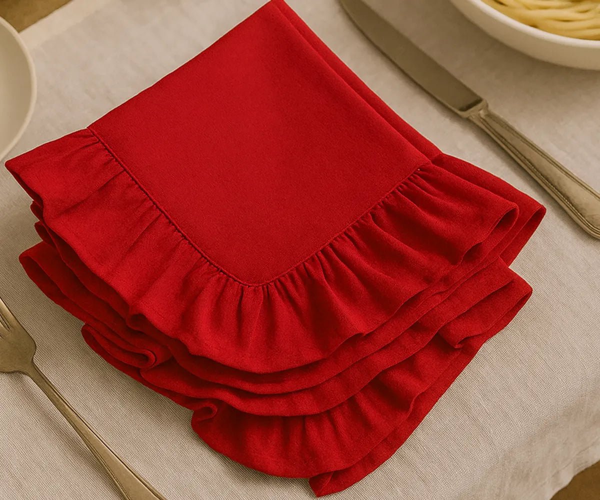 All Cotton and Linen Red Ruffle Edge Cloth Napkins