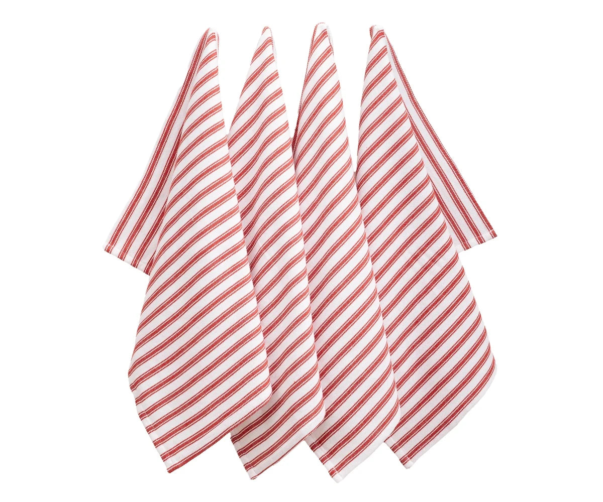 All Cotton and Linen Red & White Striped Cotton Kitchen Towels - Set of 6