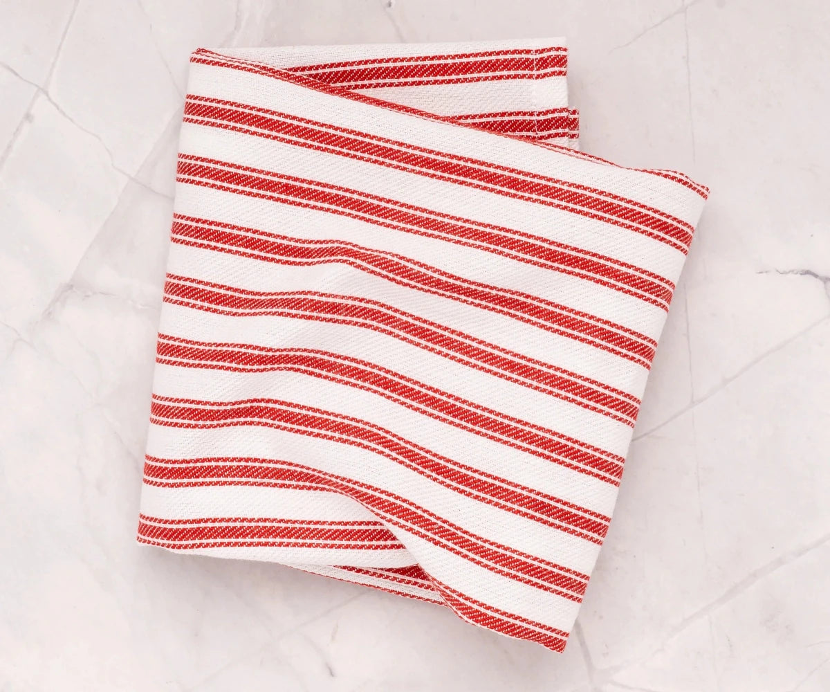All Cotton and Linen Red & White Striped Cotton Kitchen Towels - Set of 6