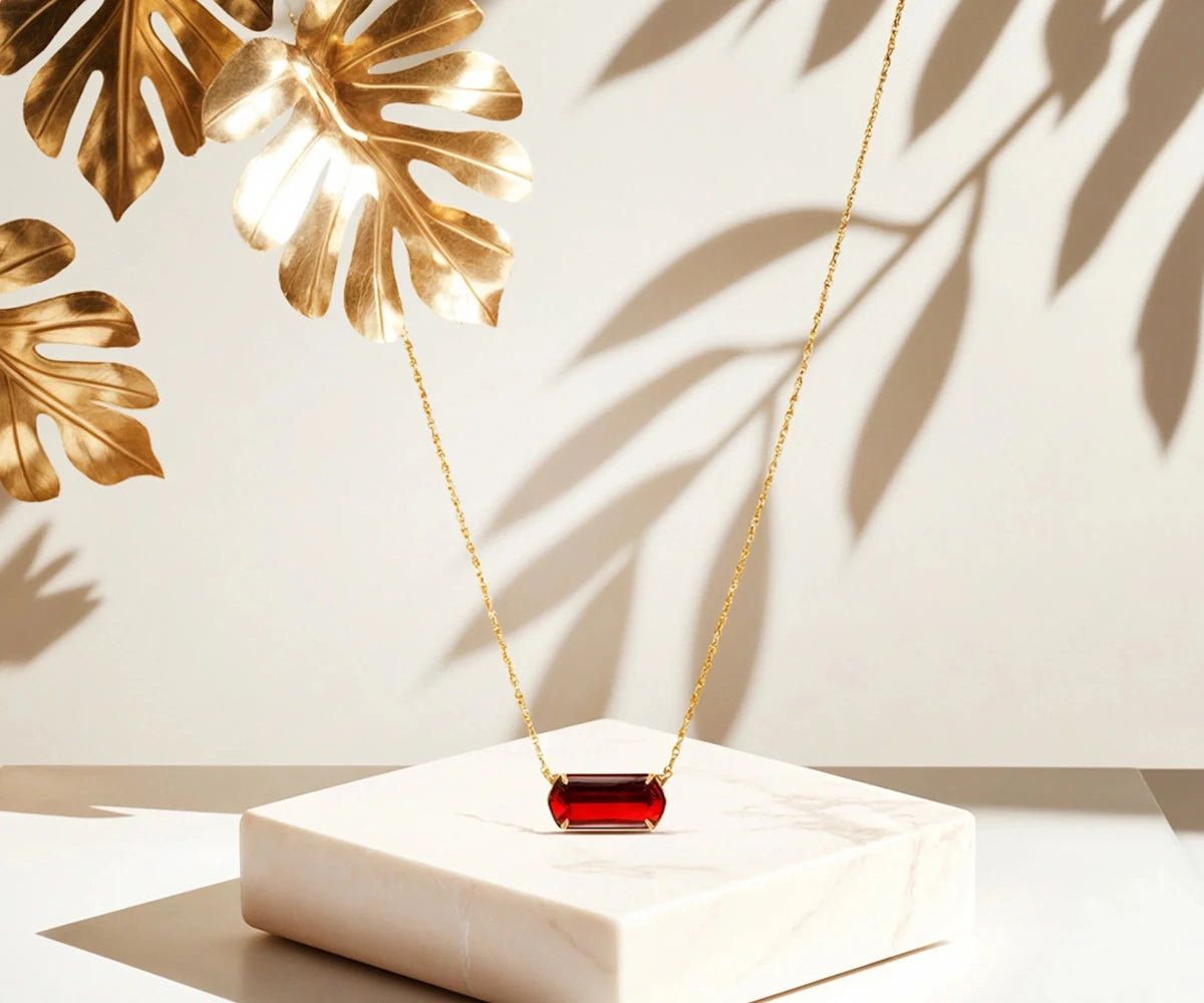 All Cotton and Linen Ruby Blaze Pendant Necklace – 18K Gold - Plated Chain with Red Stone