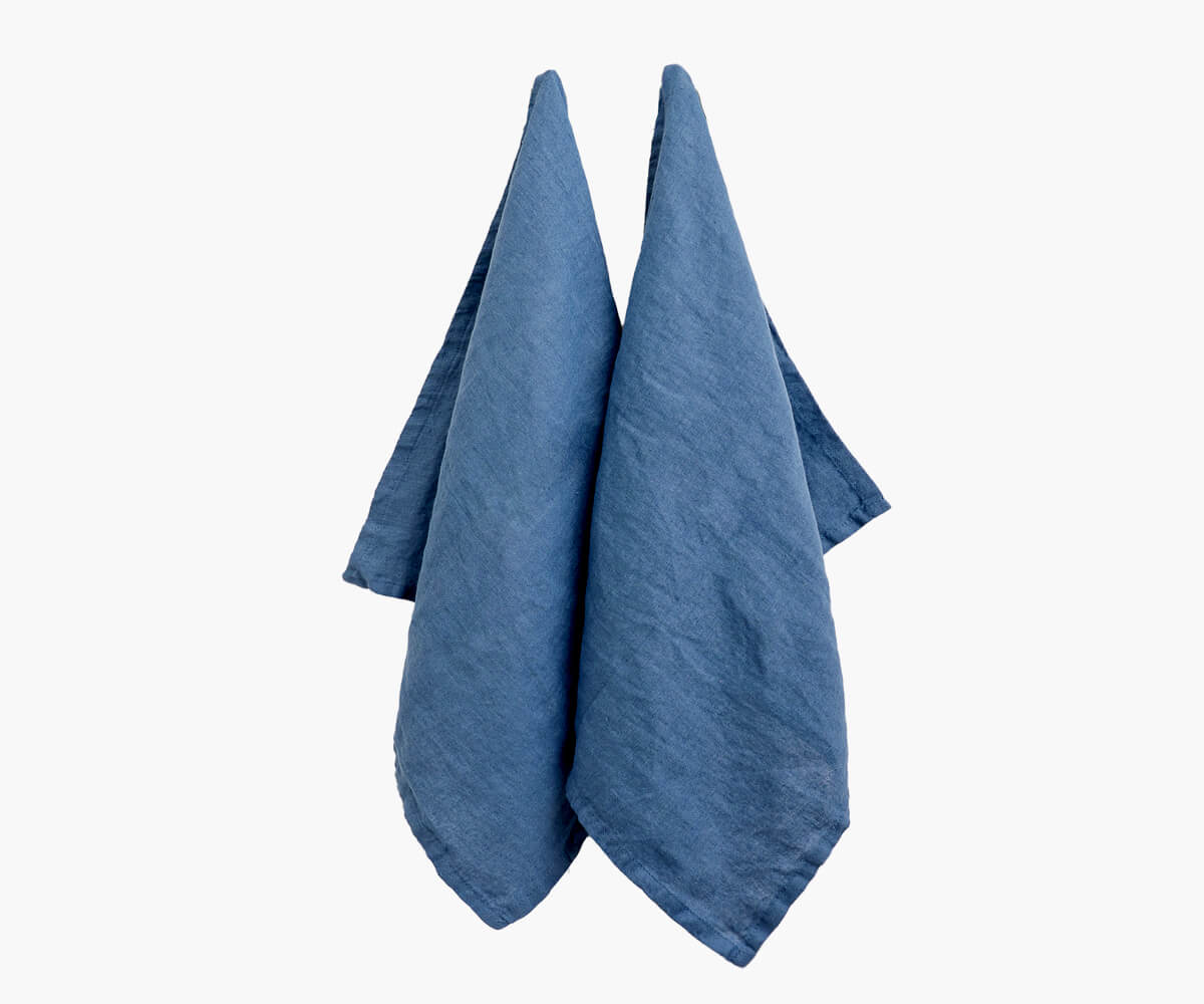 All Cotton and Linen Solid Blue Linen Kitchen Towels