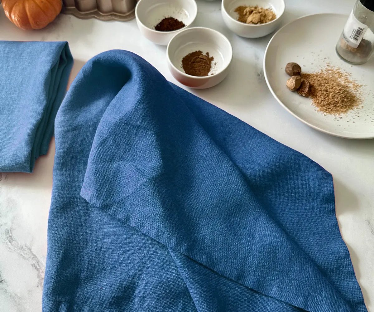 All Cotton and Linen Solid Blue Linen Kitchen Towels