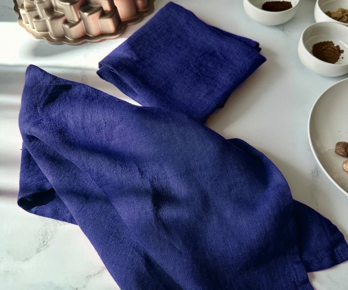 All Cotton and Linen Solid Dark Blue Linen Kitchen Towels