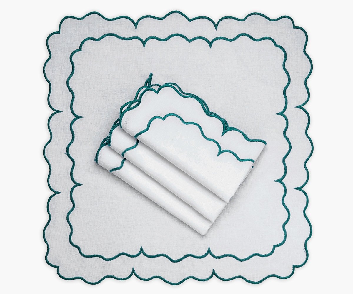 All Cotton and Linen White Linen Scalloped Edge Napkins - Embroidered Table Linens