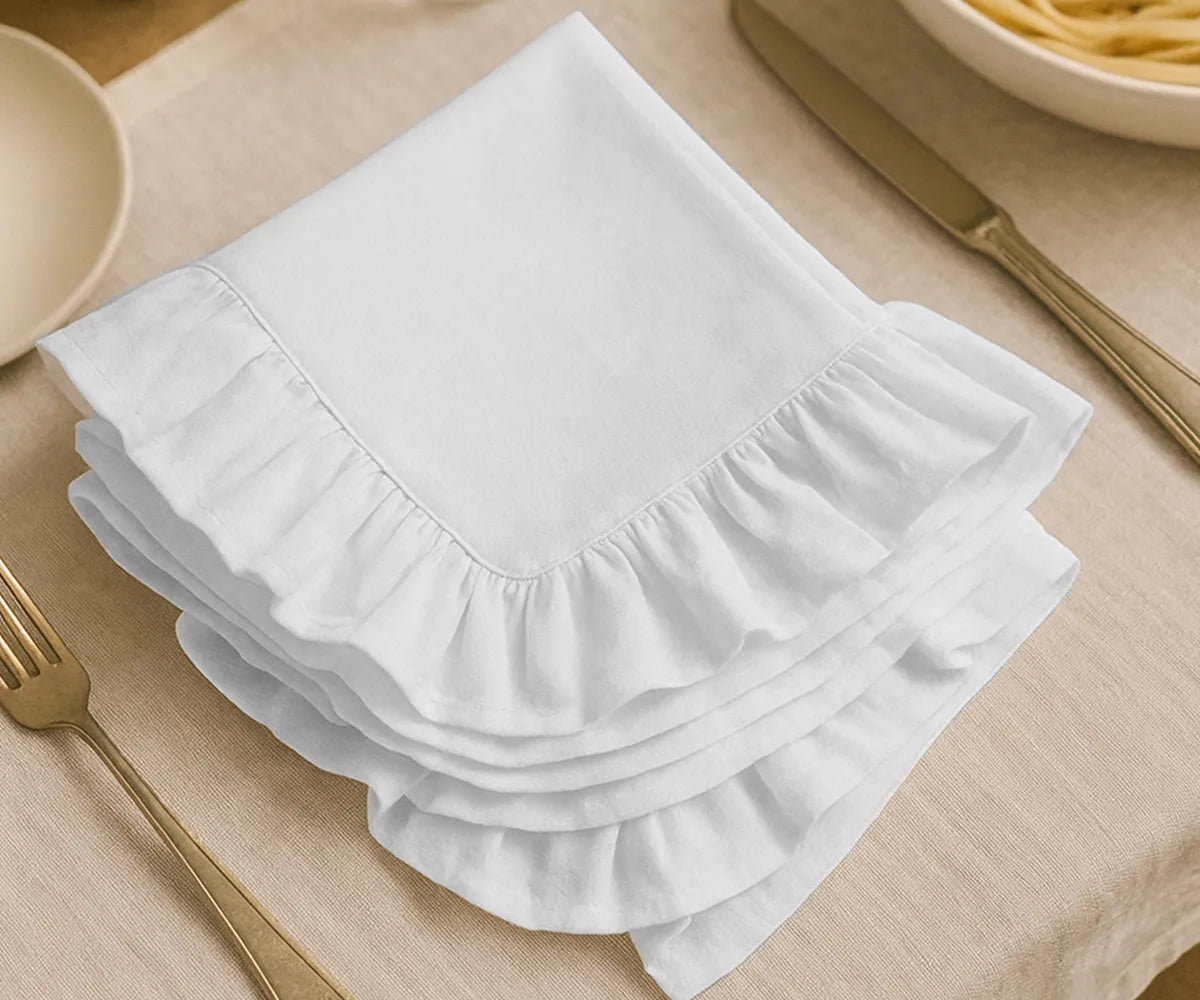 All Cotton and Linen White Ruffle Edge Cloth Napkins