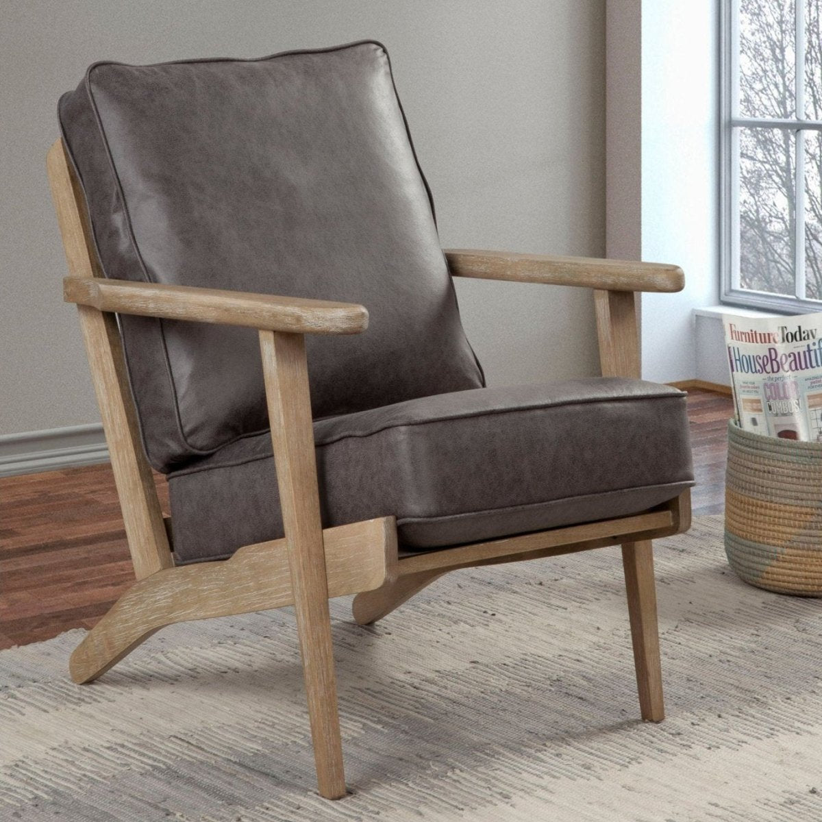 Alpine Furniture Artica Mid Century Modern Faux Leather Lounge Chair, Gray