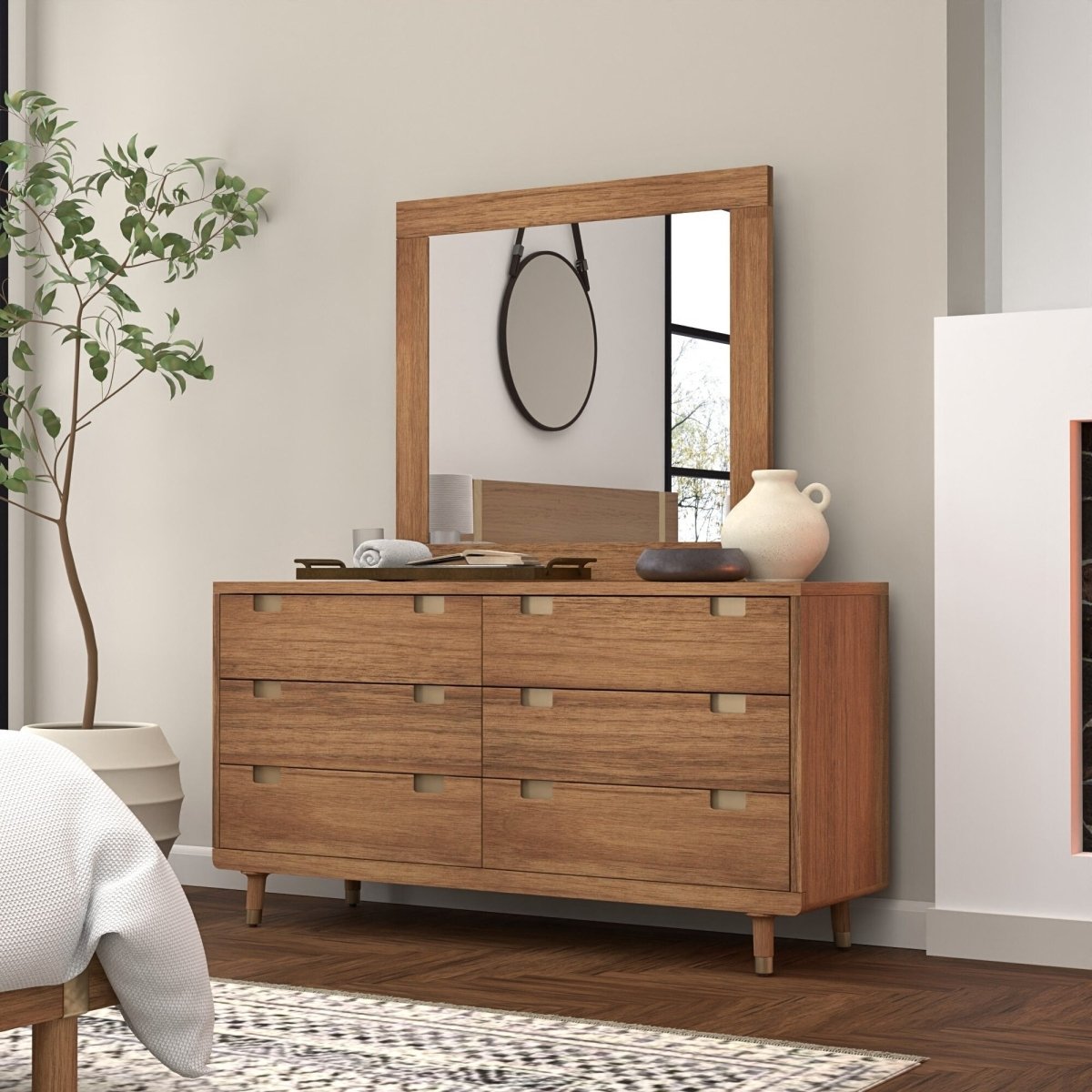 Alpine Furniture Easton Sand Dresser & Mirror Set - Modern Bedroom Storage