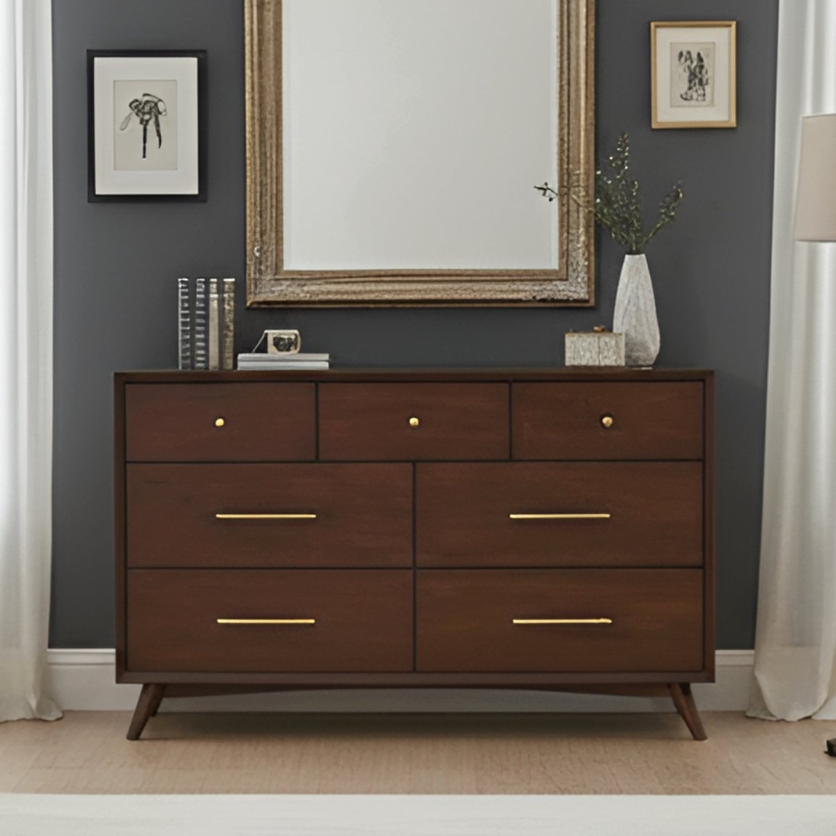 Alpine Furniture Flynn 7 - Drawer Mid - Century Dresser in Walnut Mahogany