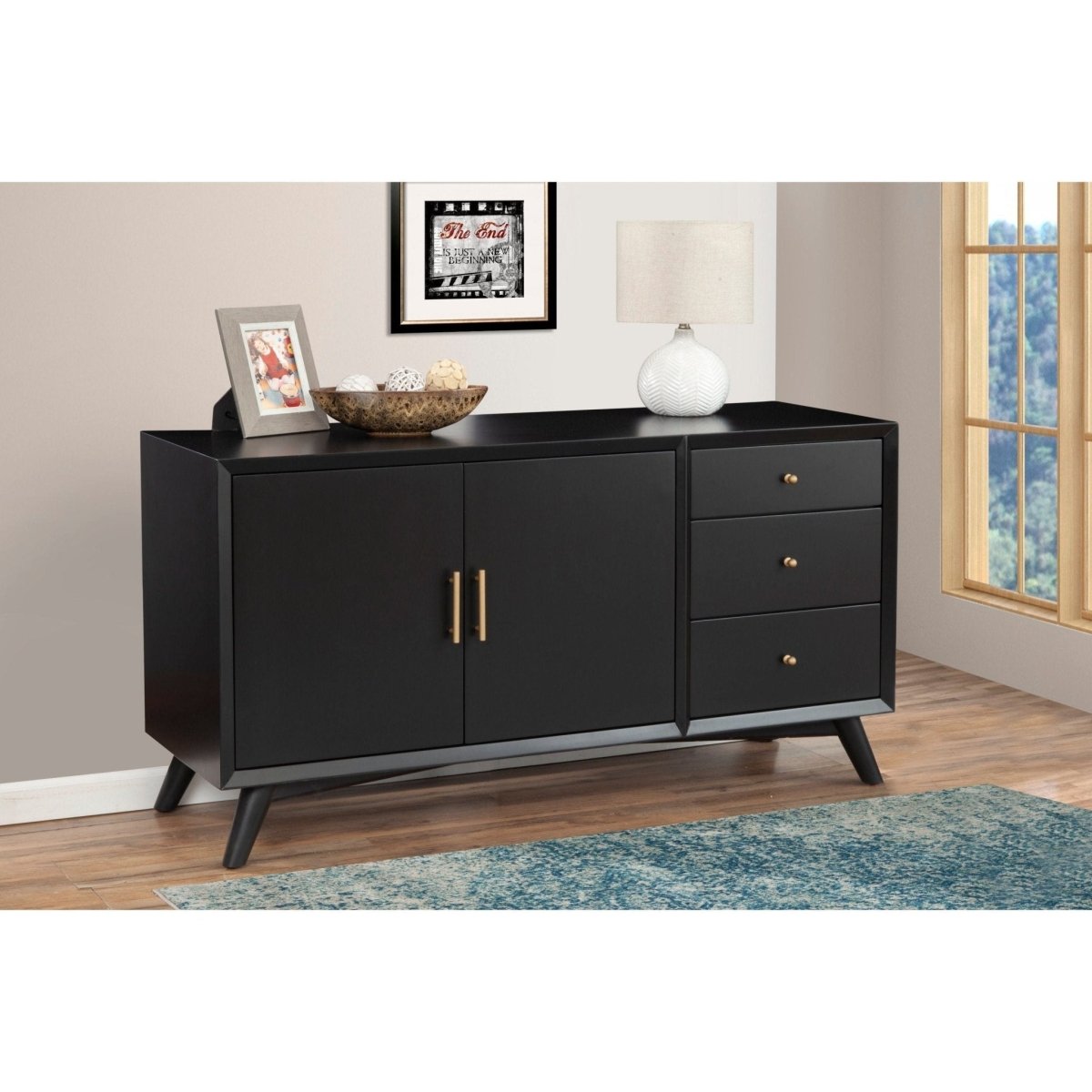 Alpine Furniture Flynn Black Sideboard - Modern Storage Cabinet with Drawers