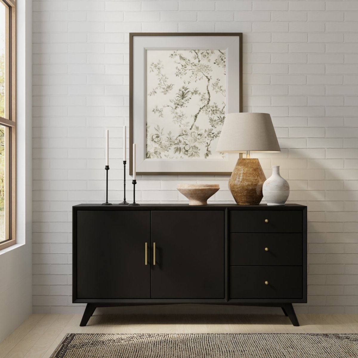 Alpine Furniture Flynn Black Sideboard - Modern Storage Cabinet with Drawers