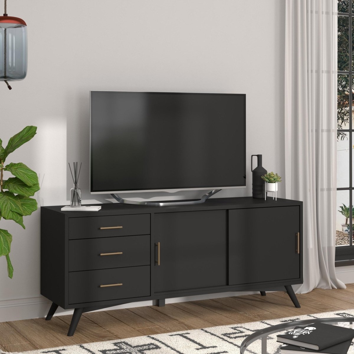 Alpine Furniture Flynn Large TV Console in Black - Mid - Century Modern Media Storage