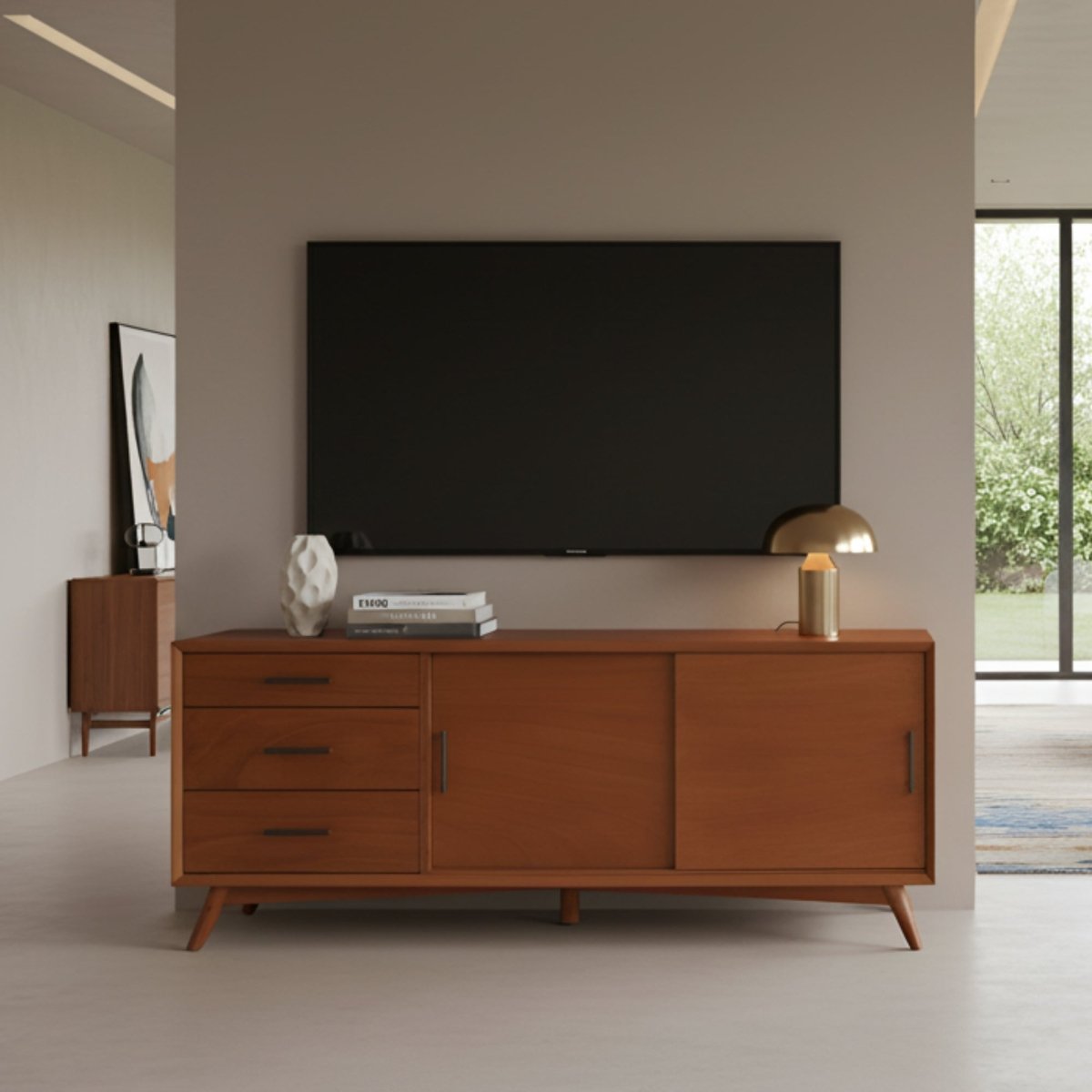Alpine Furniture Flynn Large TV Console in Chestnut - Mid - Century Modern Media Storage