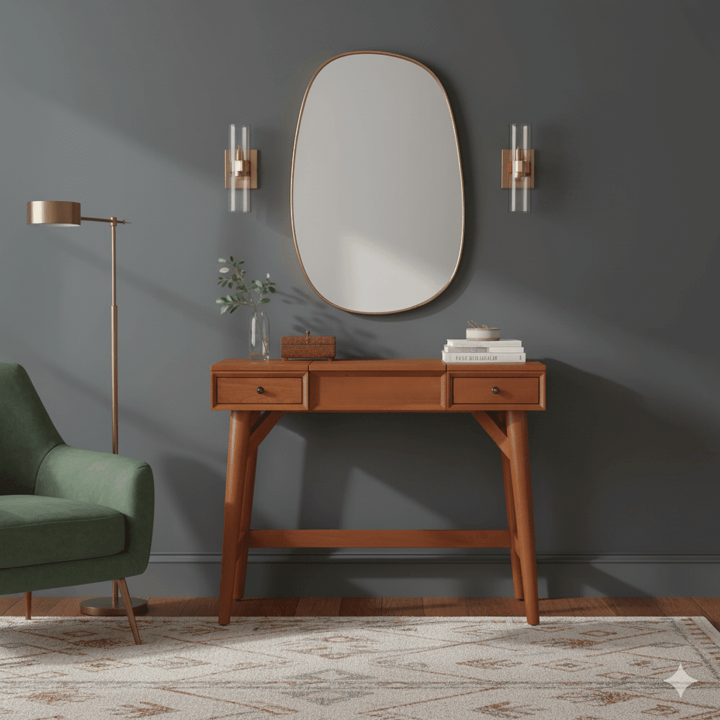 Alpine Furniture Flynn Mid - Century Bedroom Vanity with Flip - Top Mirror - Chestnut Mahogany