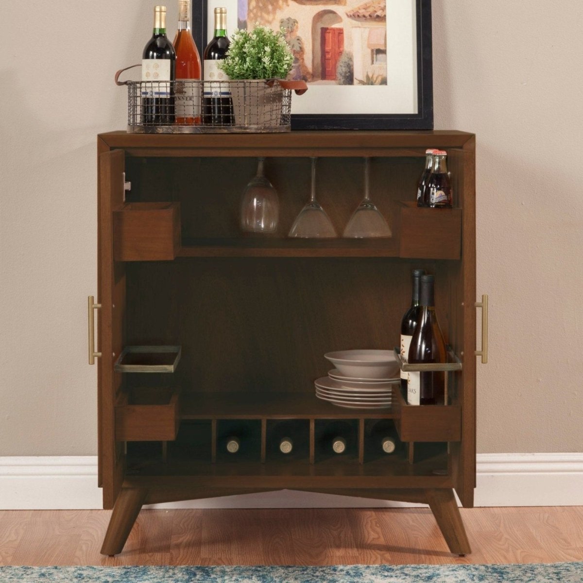 Alpine Furniture Flynn Mid - Century Modern Bar Cabinet - Walnut Finish
