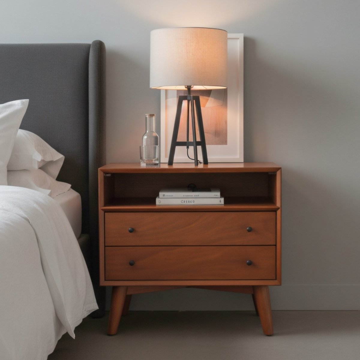 Alpine Furniture Flynn Mid - Century Nightstand with Open Shelf - Chestnut