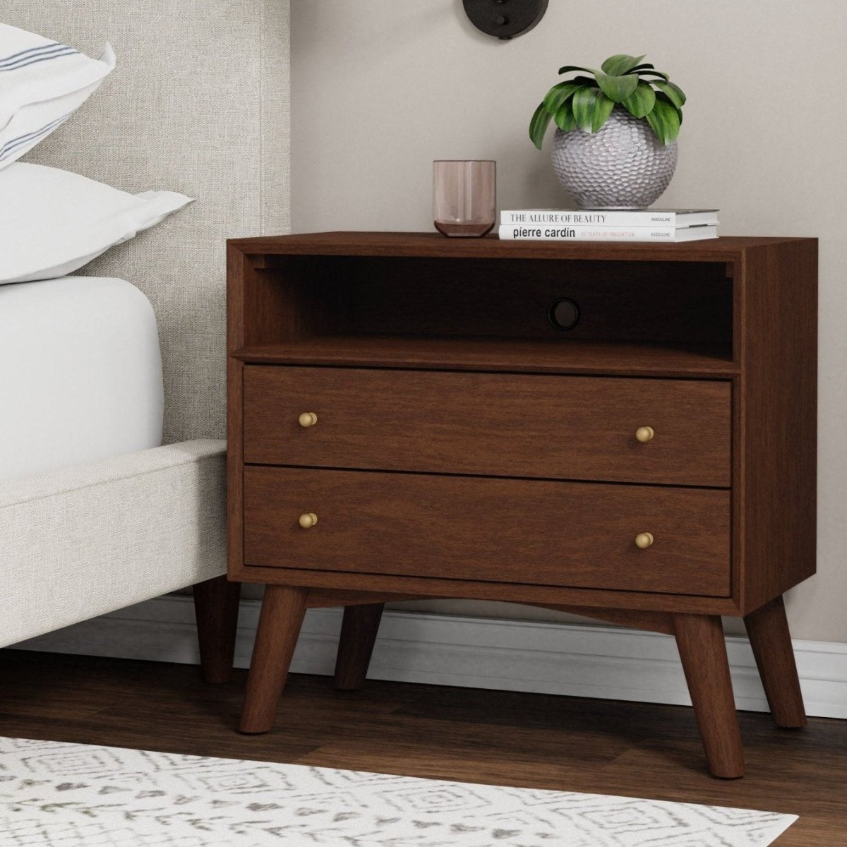 Alpine Furniture Flynn Mid - Century Nightstand with Open Shelf - Walnut
