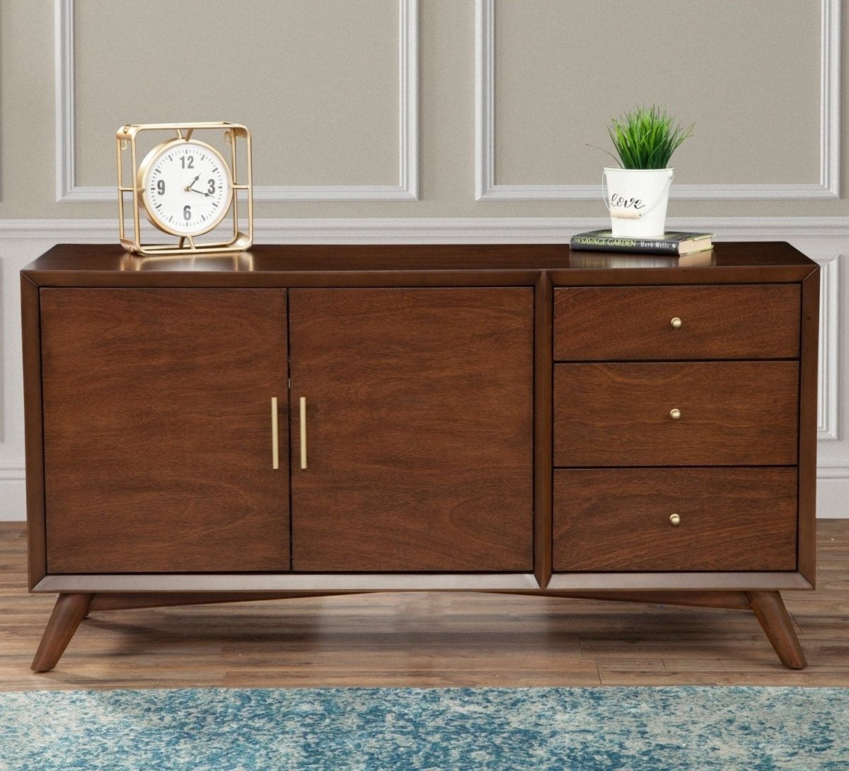 Alpine Furniture Flynn Mid - Century Sideboard with Storage - Walnut Mahogany