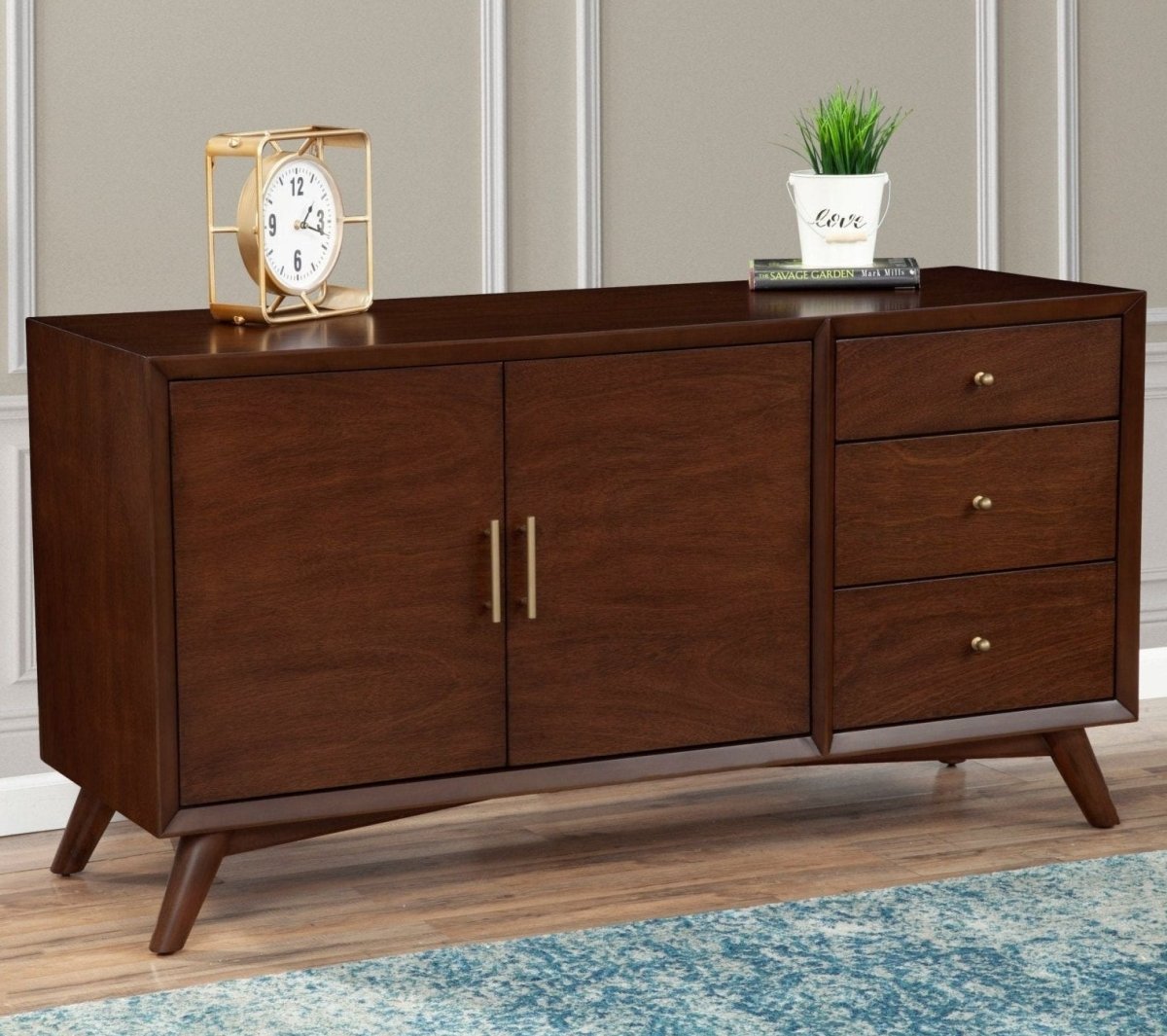 Alpine Furniture Flynn Mid - Century Sideboard with Storage - Walnut Mahogany