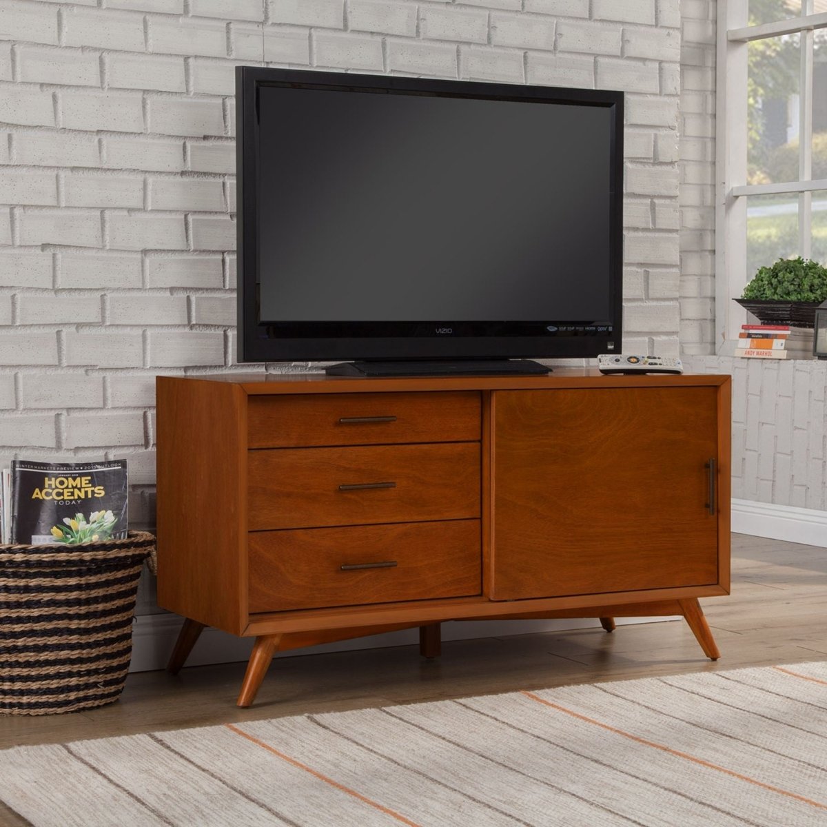 Alpine Furniture Flynn Small TV Console - Mid - Century Modern Chestnut Mahogany Media Cabinet