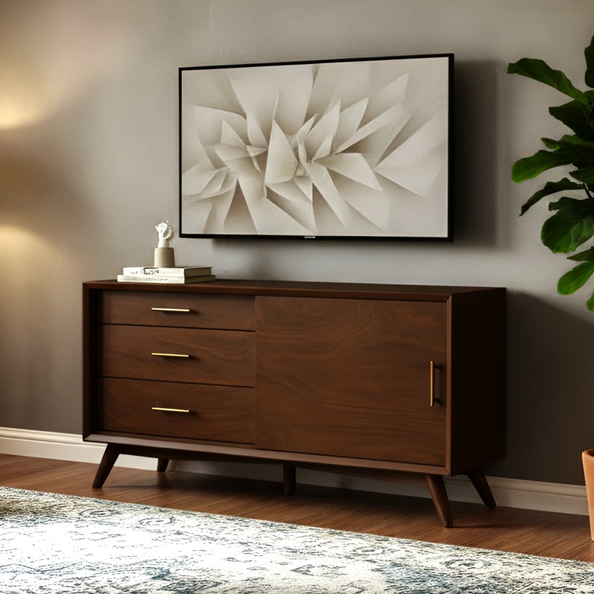 Alpine Furniture Flynn Small TV Console - Mid - Century Modern Walnut Mahogany Media Cabinet