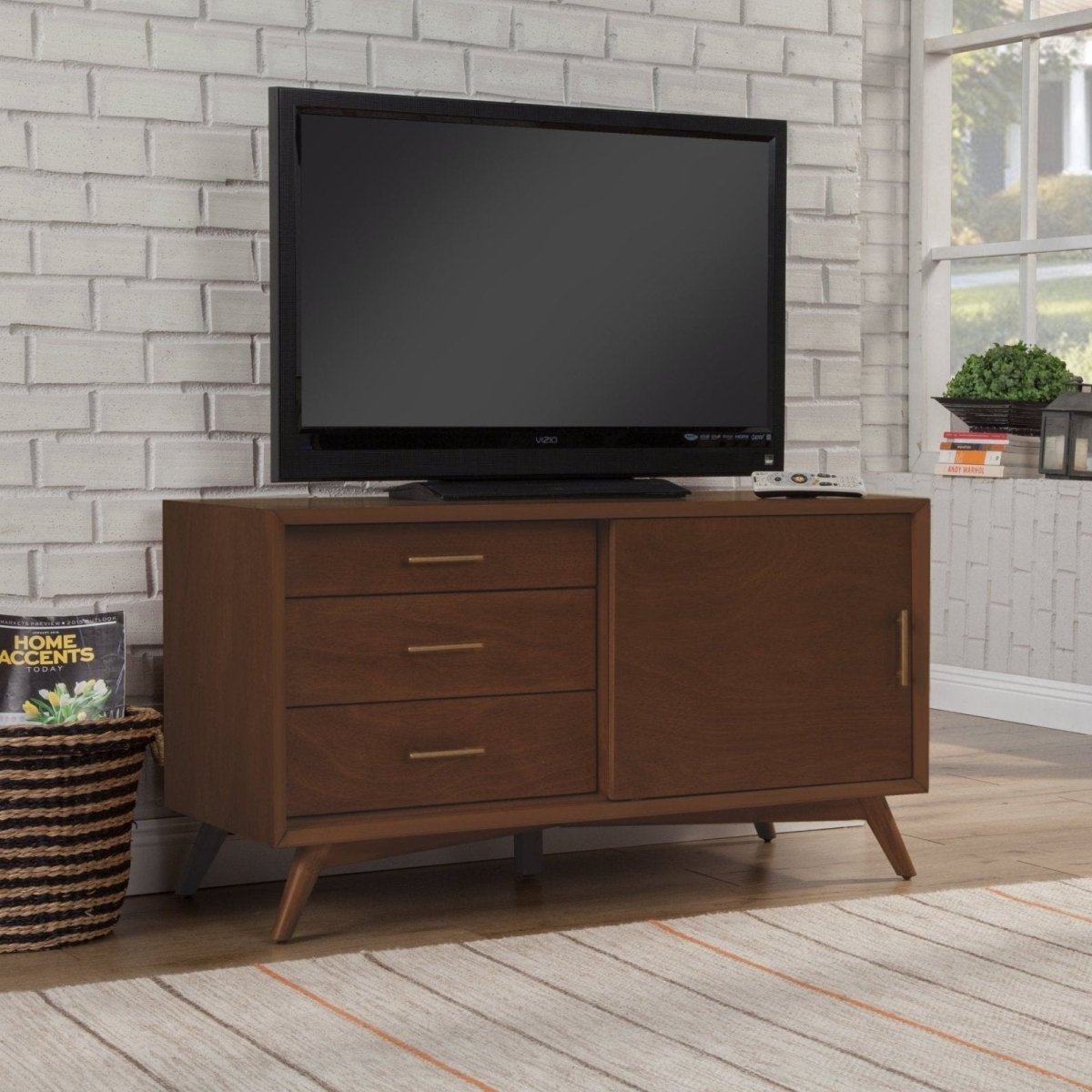 Alpine Furniture Flynn Small TV Console - Mid - Century Modern Walnut Mahogany Media Cabinet