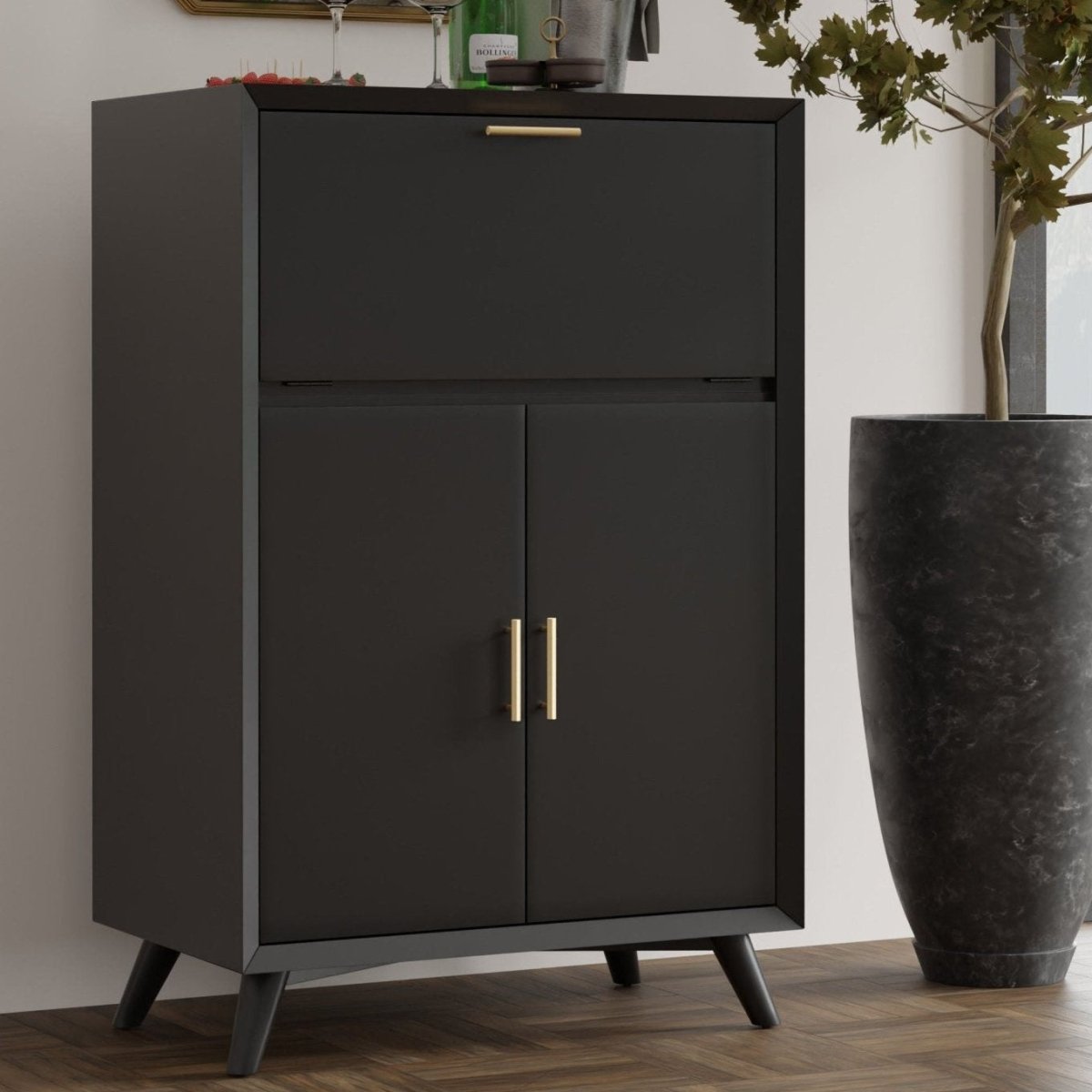 Alpine Furniture Flynn Wine & Liquor Bar Cabinet in Black Mahogany
