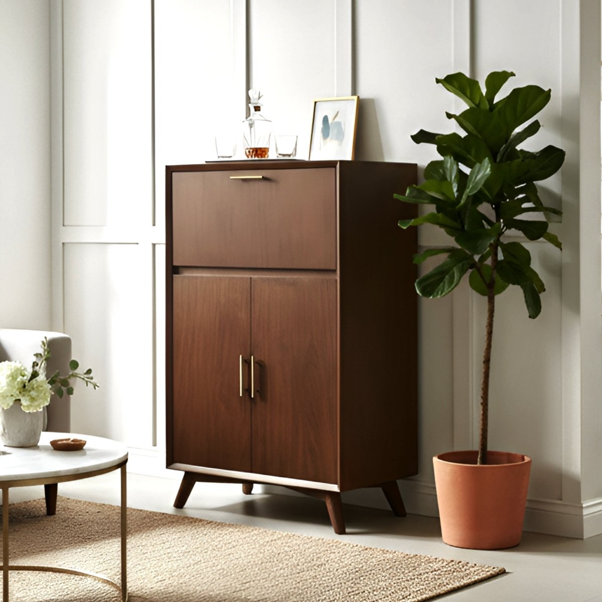 Alpine Furniture Flynn Wine & Liquor Bar Cabinet in Walnut Mahogany