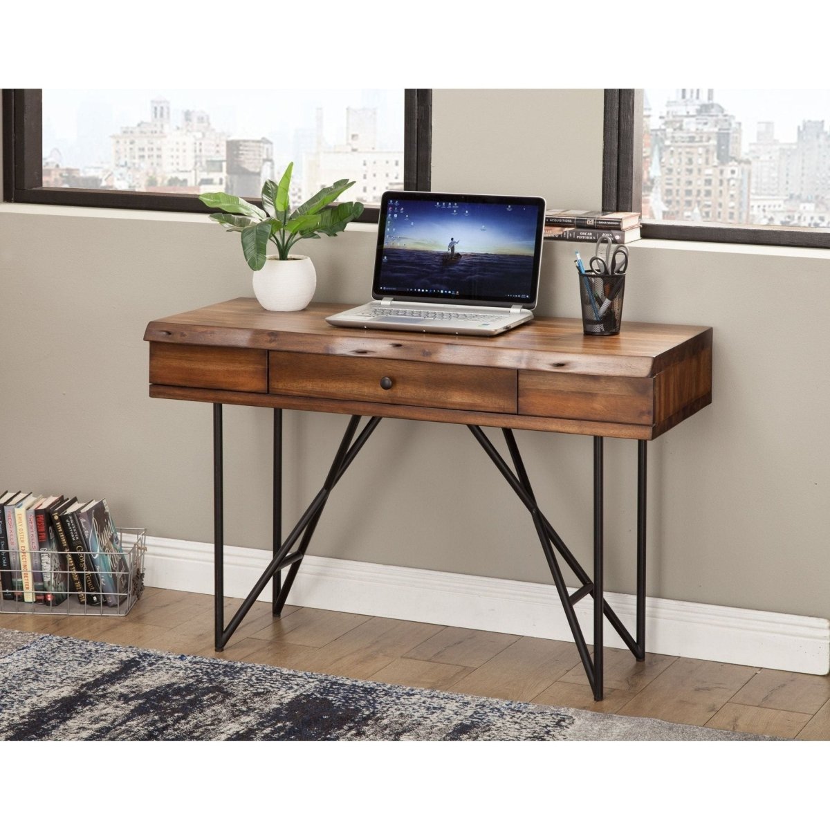 Alpine Furniture Live Edge Writing Desk, Light Walnut