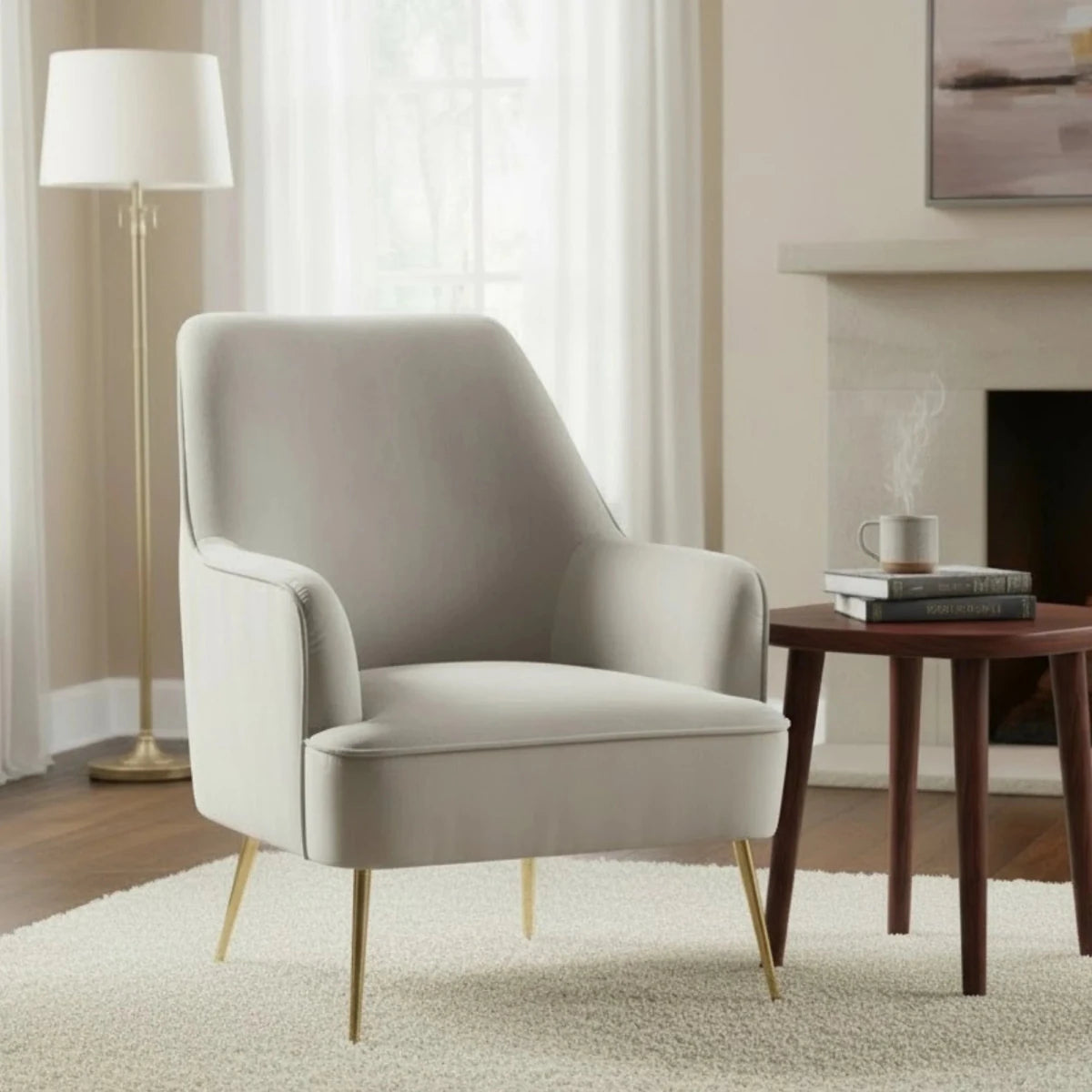Alpine Furniture Rebecca Velvet Accent Chair - Gray Lounge Chair with Gold Legs