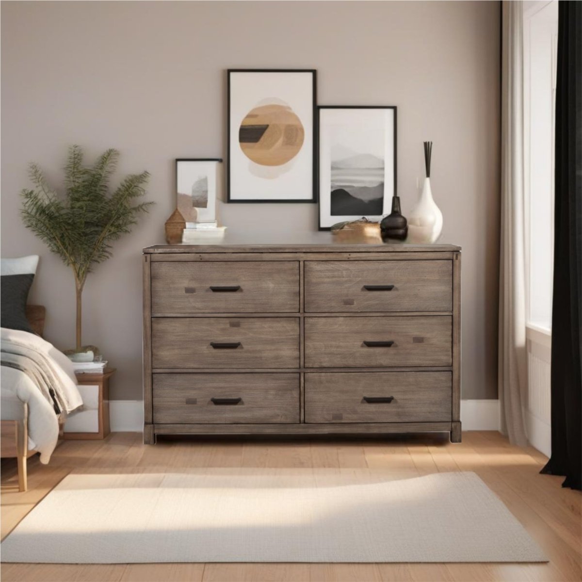 Alpine Furniture Sydney 6 Drawer Mahogany Wood Dresser, Weathered Grey