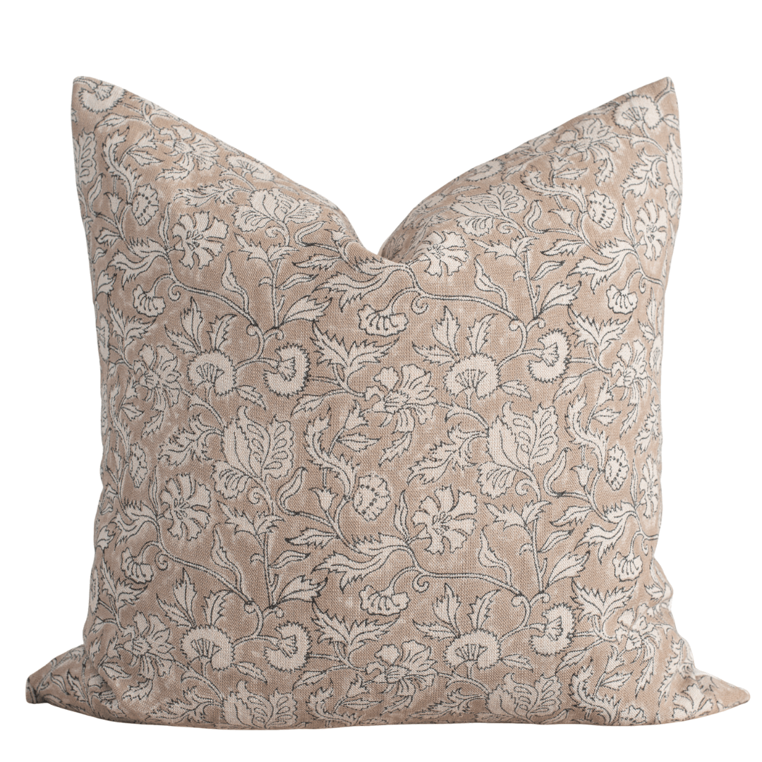 Apartment No.3 Arlet Floral Block Printed Linen Pillow Cover | Light Brown