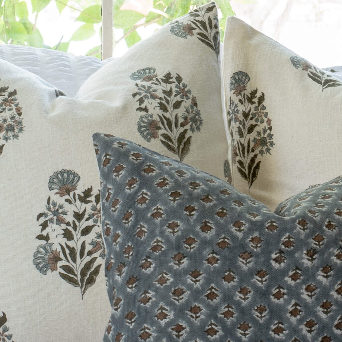 Apartment No.3 Aster Floral Block Print Lumbar Pillow Cover | Blue & Brown