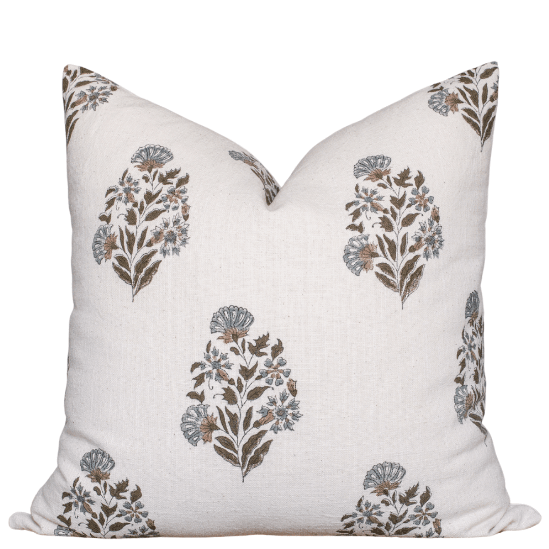 Apartment No.3 Briar Floral Block Printed Pillow Cover | Blue, Brown & Green