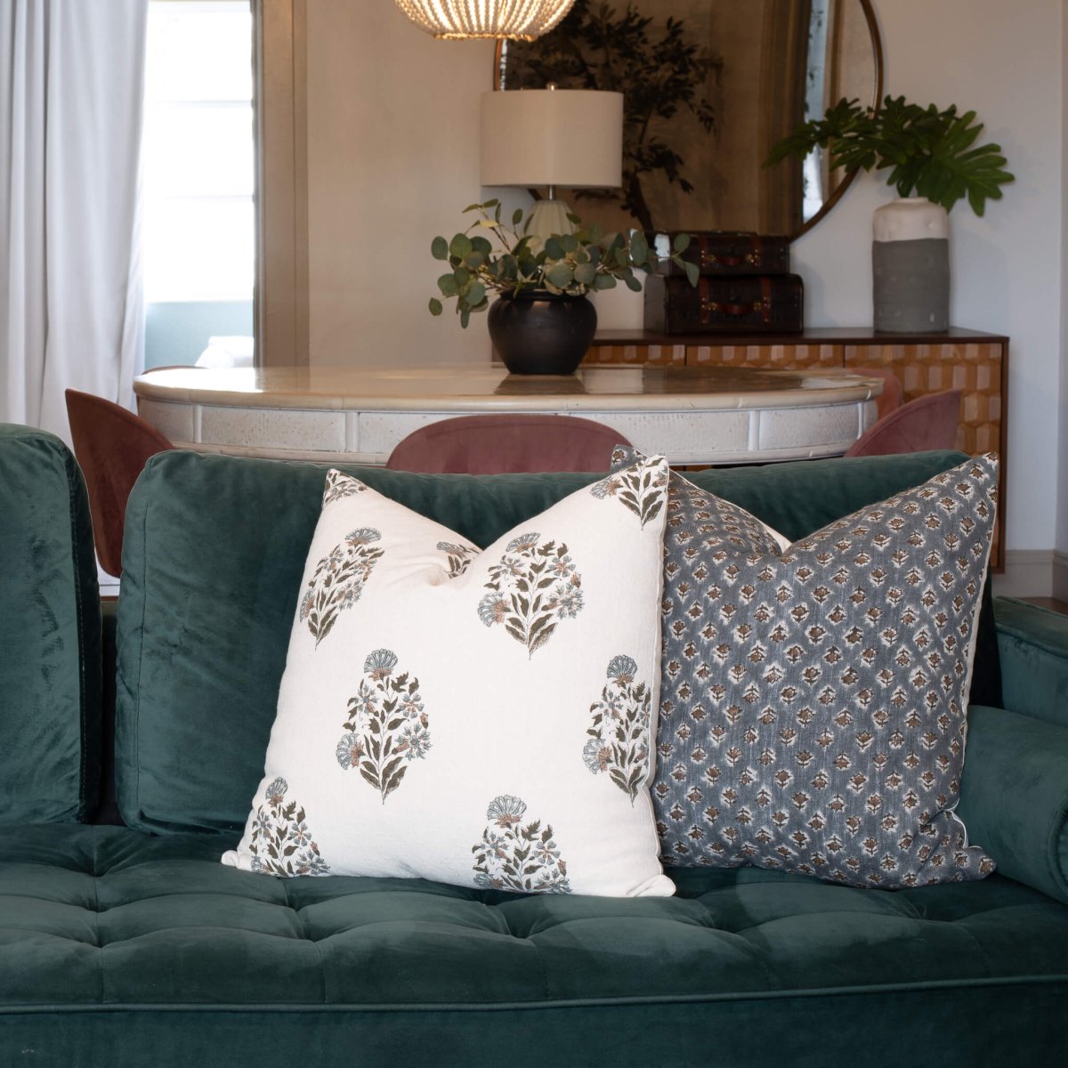 Apartment No.3 Briar Floral Block Printed Pillow Cover | Blue, Brown & Green