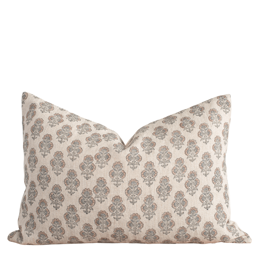 Apartment No.3 Calla Floral Block Print Linen Lumbar Pillow Cover | Light Brown & Sage Green