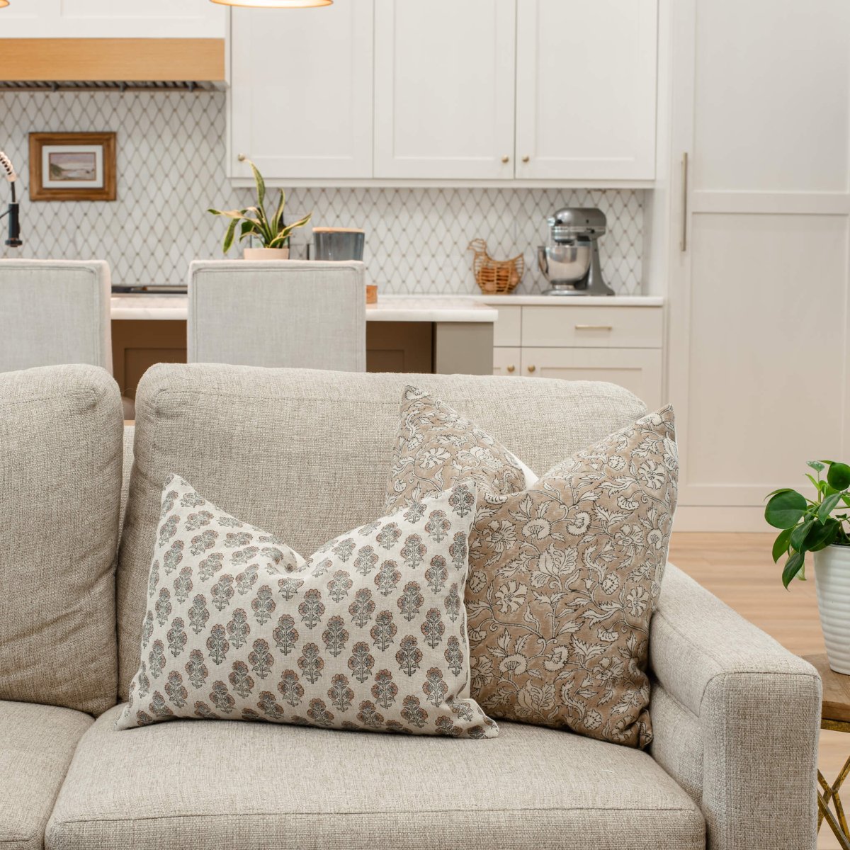 Apartment No.3 Calla Floral Block Print Linen Lumbar Pillow Cover | Light Brown & Sage Green