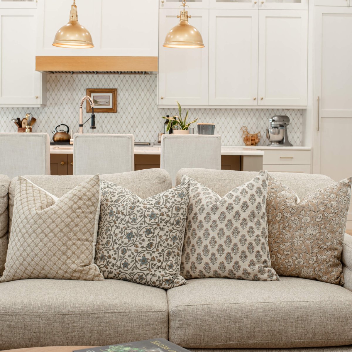 Apartment No.3 Calla Floral Block Printed Linen Pillow Cover | Light Brown, Sage Green & Blue