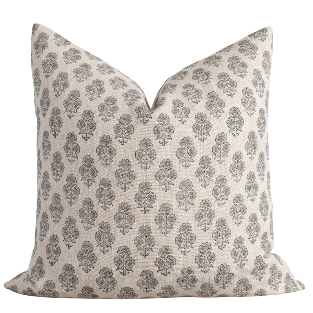Apartment No.3 Calla Floral Block Printed Linen Pillow Cover | Light Brown, Sage Green & Blue