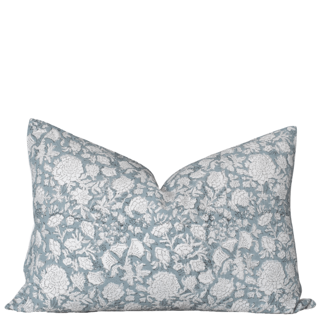 Apartment No.3 Chloe Floral Block Printed Lumbar Pillow Cover | Light Blue Cotton