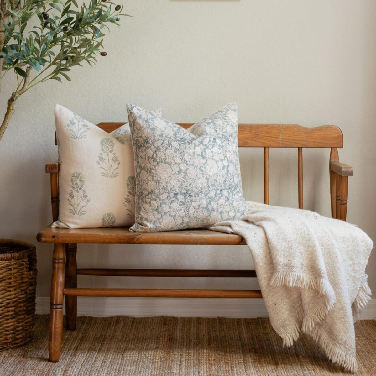 Apartment No.3 Chloe Floral Block Printed Pillow Cover | Light Blue Cotton