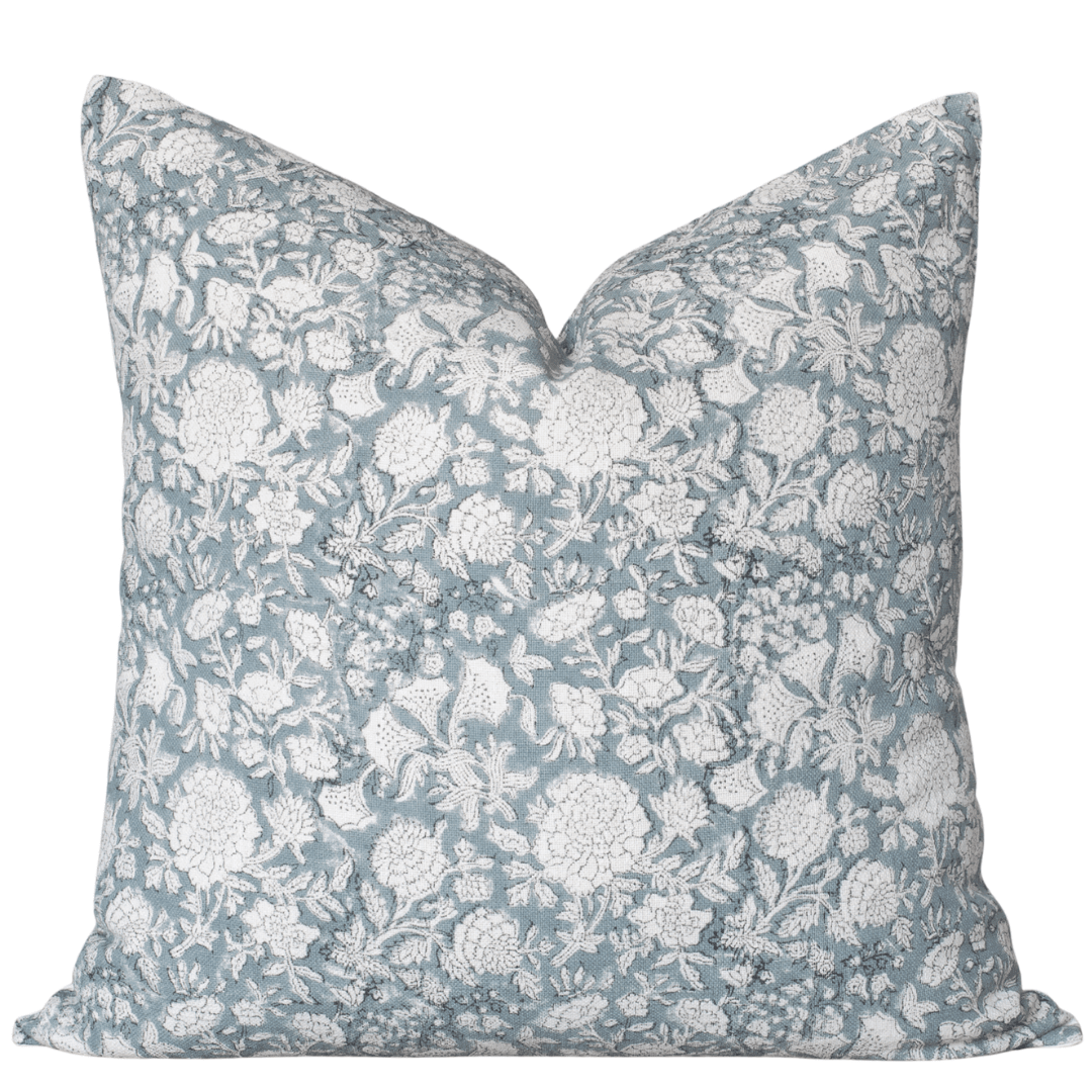 Apartment No.3 Chloe Floral Block Printed Pillow Cover | Light Blue Cotton