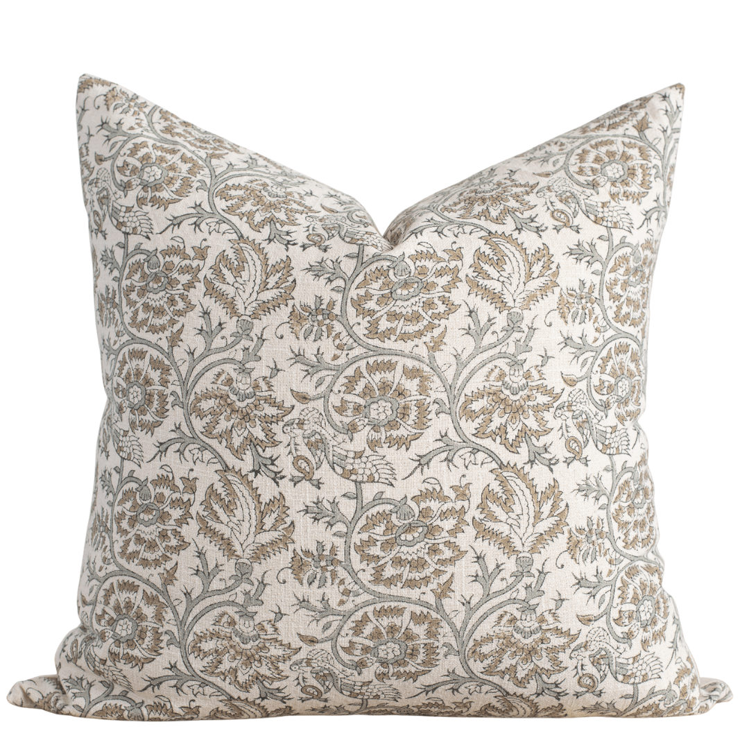 Apartment No.3 Claire Floral Block Printed Cotton Pillow Cover | Mustard & Grey