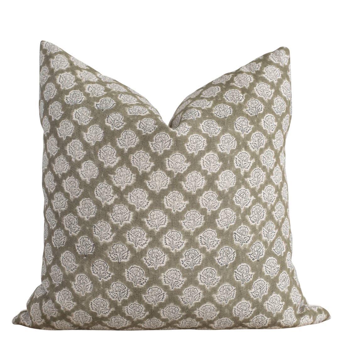 Apartment No.3 Fiora Floral Block Print Linen Pillow Cover | Olive Green & Cream