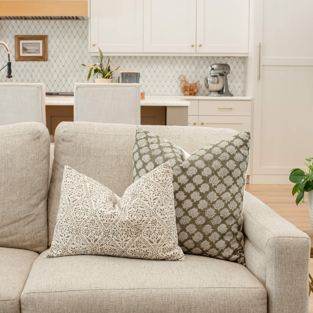 Apartment No.3 Fiora Floral Block Print Linen Pillow Cover | Olive Green & Cream