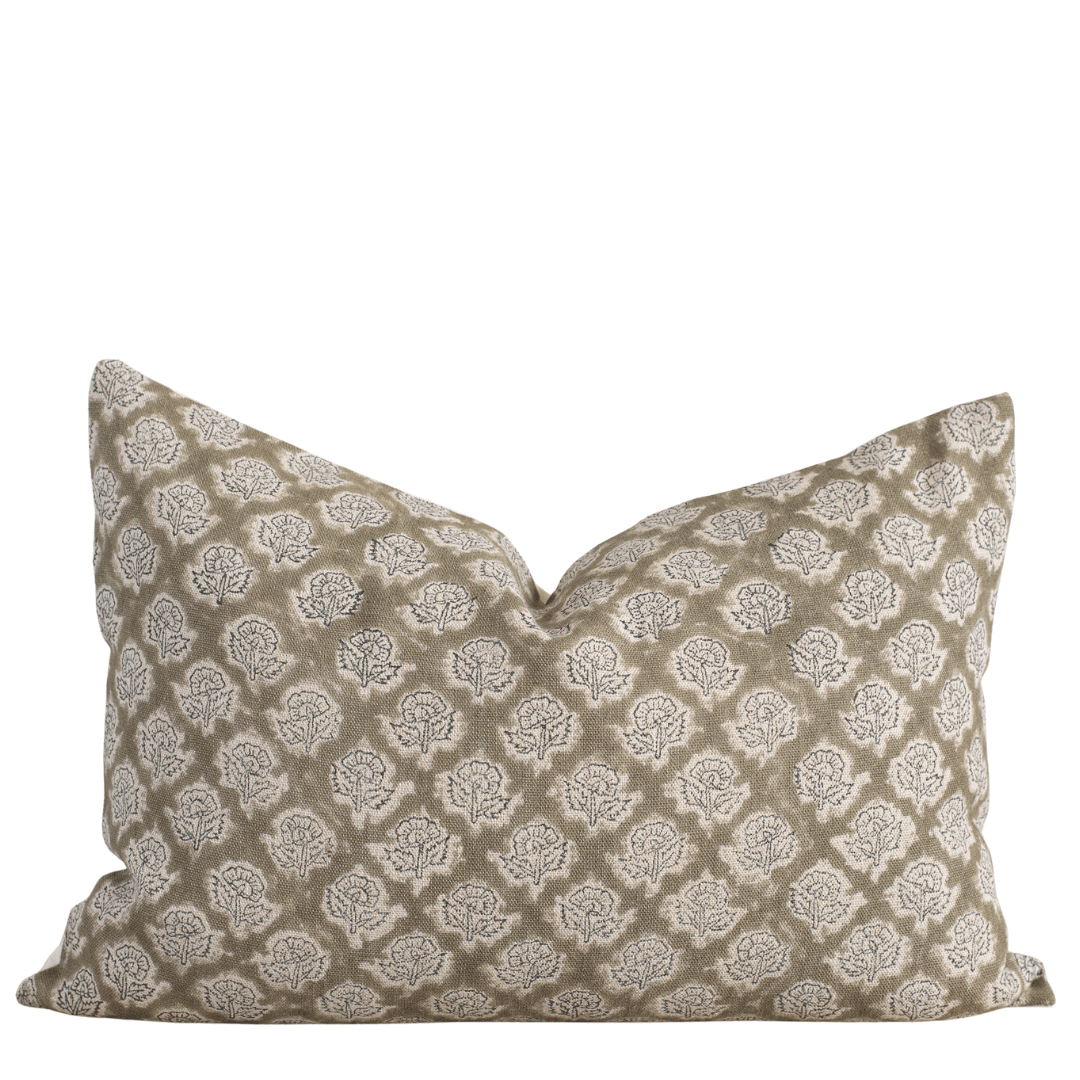 Apartment No.3 Fiora Floral Block Printed Linen Lumbar Pillow Cover | Olive Green