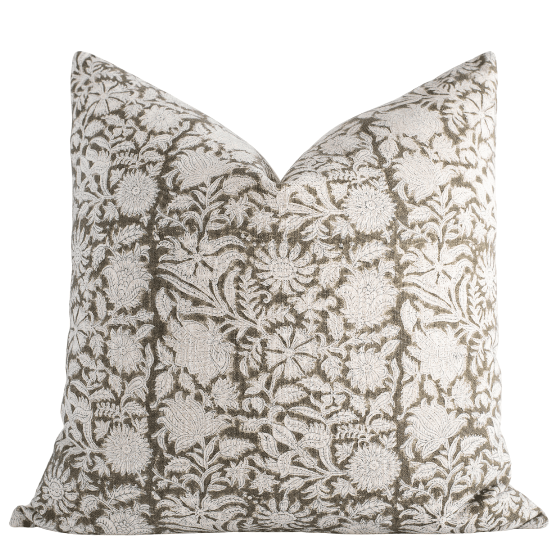 Apartment No.3 Jardim Floral Block Printed Pillow Cover | Olive Green