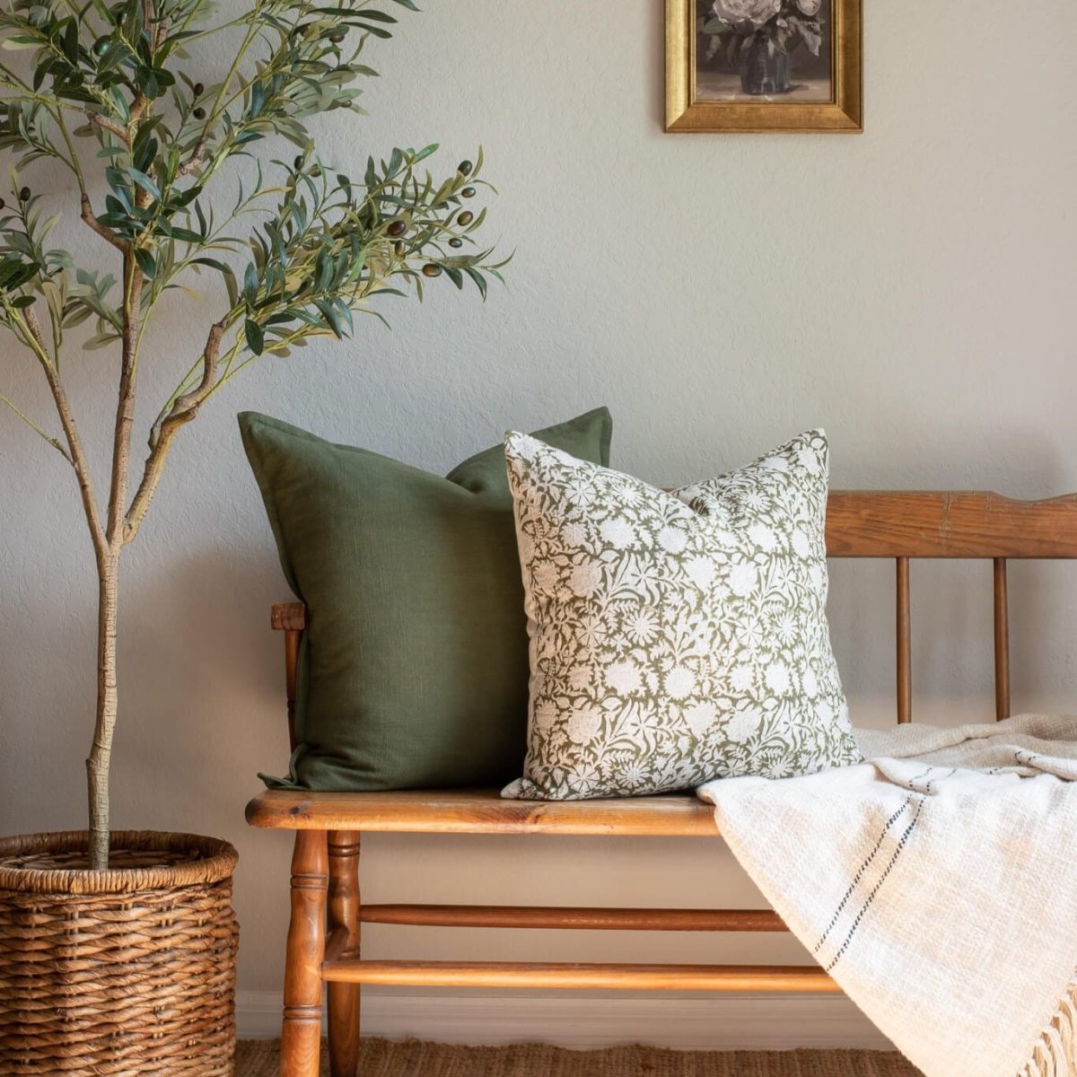 Apartment No.3 Jardim Floral Block Printed Pillow Cover | Olive Green